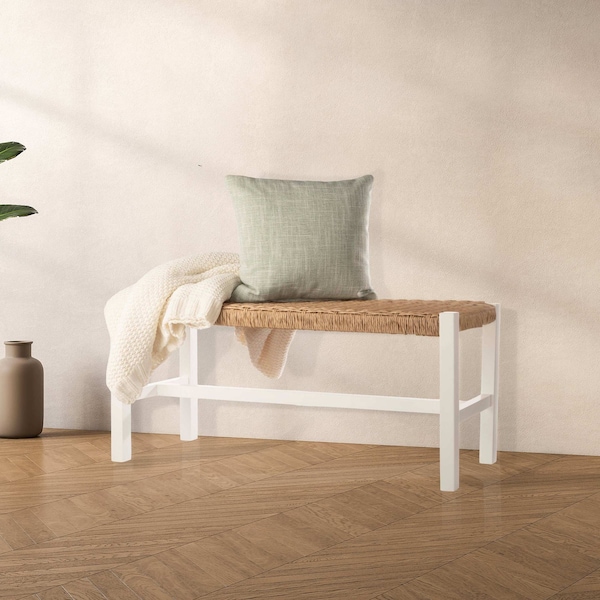 Alaterre Furniture Newport 40in Wood Bench with Handcrafted Woven Rope Seat, White ANNP0450 - main